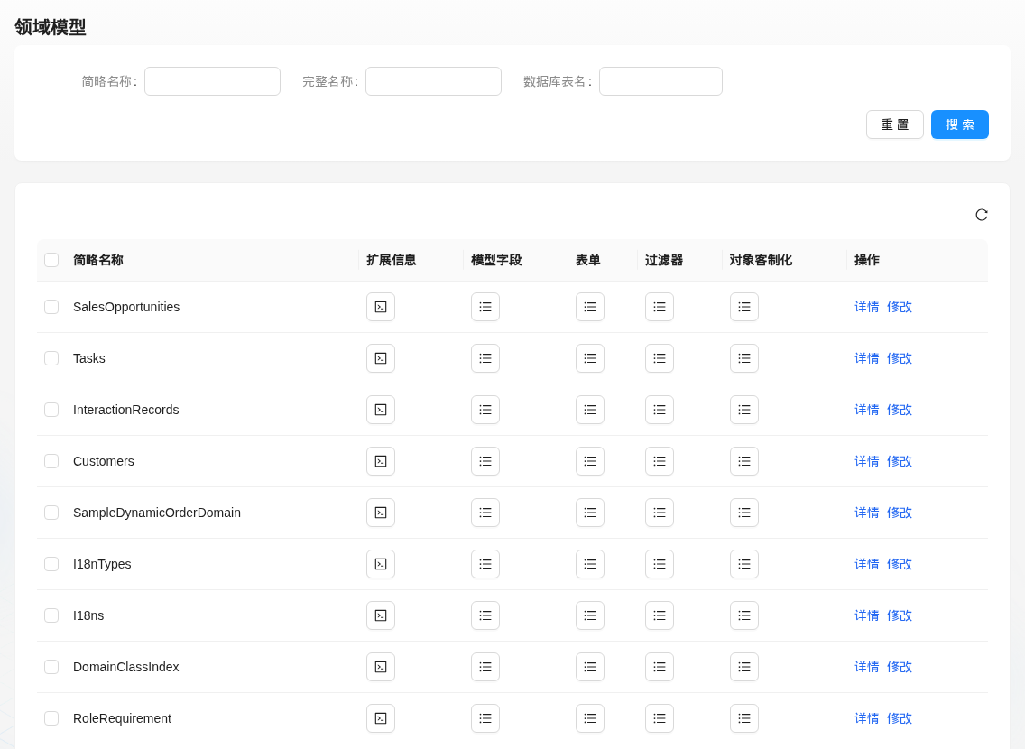 领域模型列表中的 CRM 模型